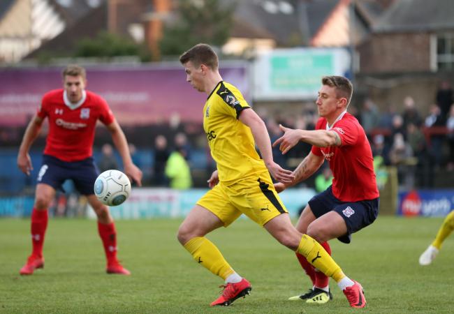 York City's David Ferguson keeps an eye on Darlington’s Andrew Nelson
York City v Darlington
 Vanararma National League  North clash held at Bootham Crescent on the 01/01/2019
Pic by Gordon Clayton
Football  Images are covered by DataCo  & T