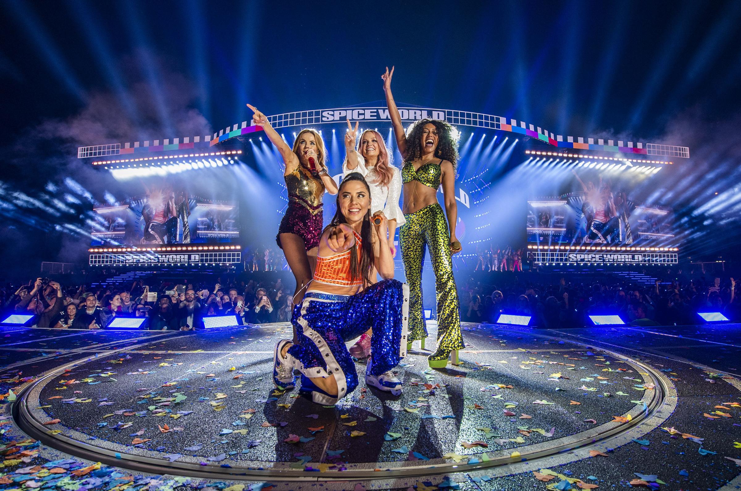 Geri Horner, Emma Bunton, Melanie Brown and Melanie Chisholm of the Spice Girls in concert at Croke Park in Dublin