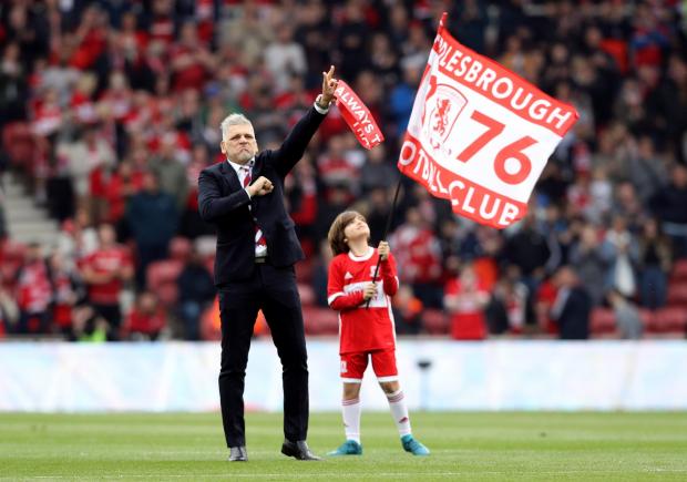 The Northern Echo: Former Middlesbrough goalkeeper coach Leo Percovich acknowledges the fans before the Sky Bet Championship Playoff match at the Riverside Stadium, Middlesbrough
