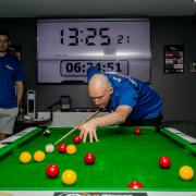 Marc Murray and Colin Pincher taking part in their charity 111 hour pool marathon at Hooch's in Consett last July.